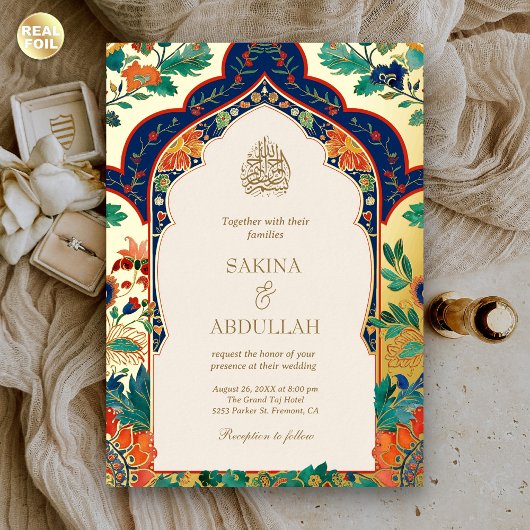Perzische Bloemen Inlay Cream Moslim Trouwen Goud Folie Uitnodiging