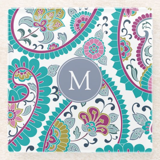 Perzische Bothe Paisley Patroon Monogram Glas C Glazen Onderzetter (Voorkant)