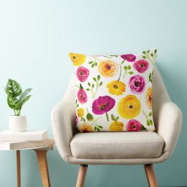 Perzische Buttercups Waterverf Bloemen Pink&Yellow Kussen