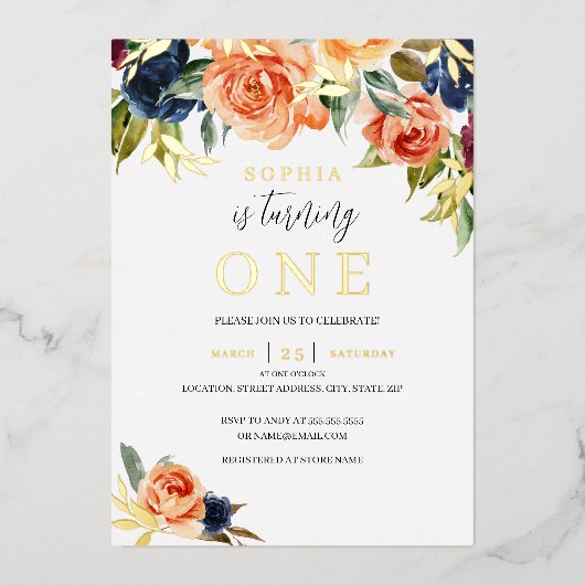 Perzische Herfst najaar meisje 1 geboorte Folie Uitnodiging (Voorkant)