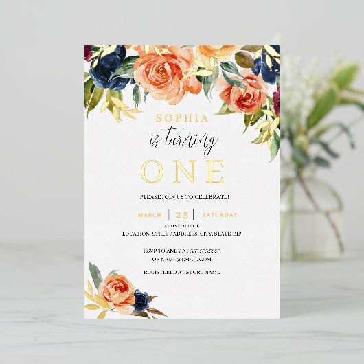 Perzische Herfst najaar meisje 1 geboorte Folie Uitnodiging (Staand Voorkant)