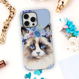 Perzische Kat Blauwe Bloemen iPhone 15 Pro Max Case