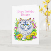 Perzische kat bloemen gepersonaliseerde verjaardag kaart (Gele Bloem)