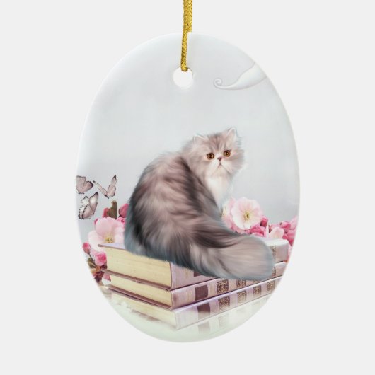 Perzische kat en boeken keramisch ornament (Voorkant)