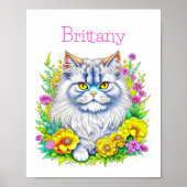 Perzische kat geel en roze bloemen gepersonaliseer poster (Voorkant)