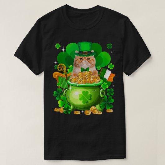 Perzische Kat Gouden Pot Shamrock St Patricks Dag T-shirt (Design voorkant)
