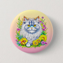 Perzische kat in bloemen gepersonaliseerd ronde button 5,7 cm