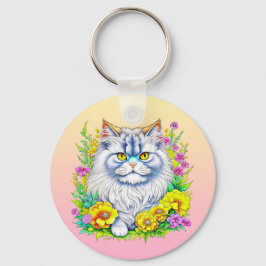 Perzische kat in bloemen gepersonaliseerd sleutelhanger