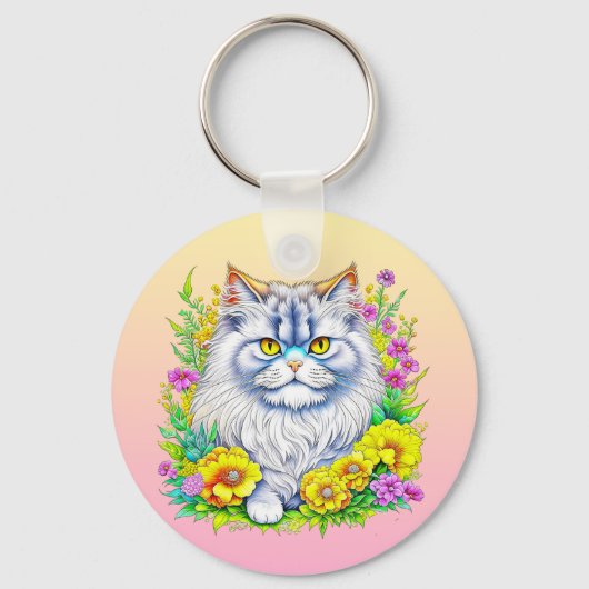 Perzische kat in bloemen gepersonaliseerd sleutelhanger (Voorkant)