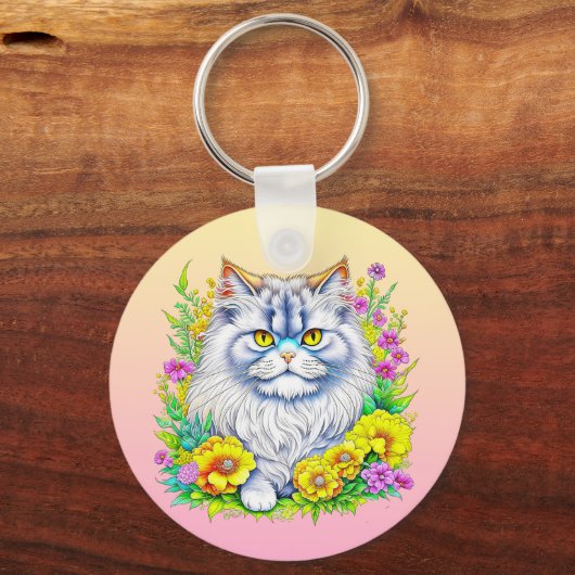 Perzische kat in bloemen gepersonaliseerd sleutelhanger (Voorkant)