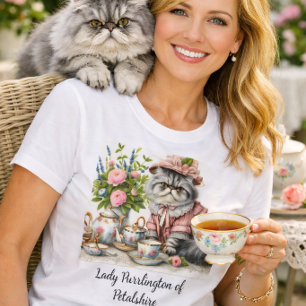 Perzische kat in bloemenhoed parels op theepartij t-shirt