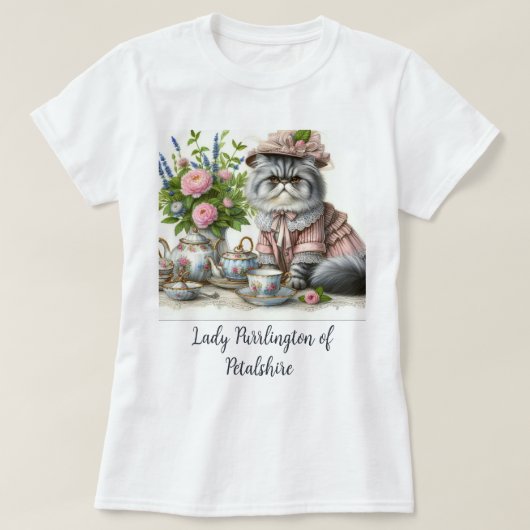 Perzische kat in bloemige Pet parels op Tea Party T-shirt (Design voorkant)