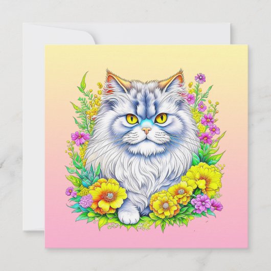 Perzische Kat in Geel en Roze Bloemen Blank (Voorkant)