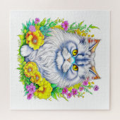 Perzische kat in gele en roze bloemen legpuzzel (Horizontaal)