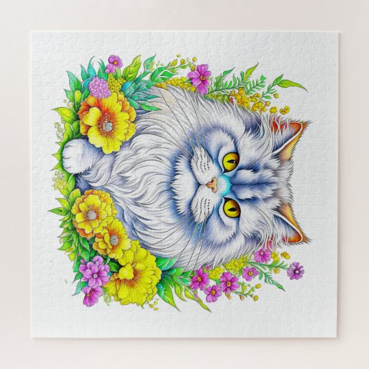 Perzische kat in gele en roze bloemen legpuzzel (Horizontaal)