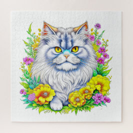 Perzische kat in gele en roze bloemen legpuzzel