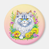 Perzische kat in gele en roze bloemen magneet (Voorkant)