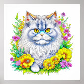 Perzische kat in gele en roze bloemen poster (Voorkant)
