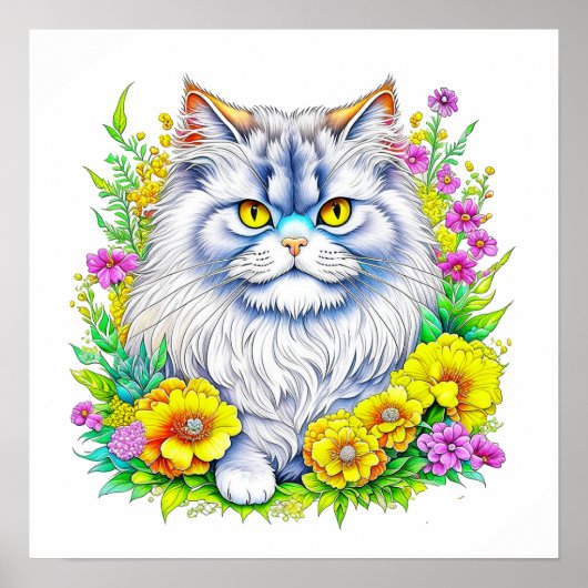 Perzische kat in gele en roze bloemen poster (Voorkant)