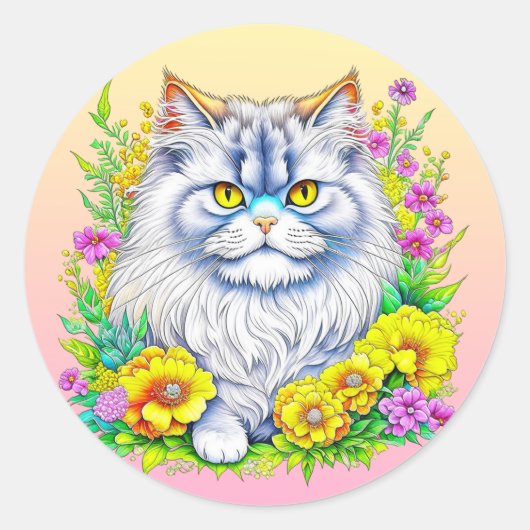 Perzische kat in gele en roze bloemen ronde sticker (Voorkant)