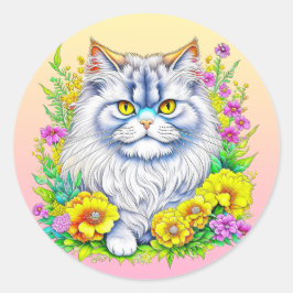 Perzische kat in gele en roze bloemen ronde sticker