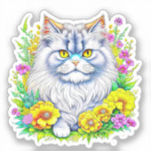 Perzische kat in gele en roze bloemen sticker (Voorkant)