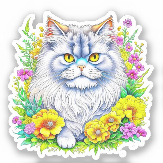 Perzische kat in gele en roze bloemen sticker (Voorkant)