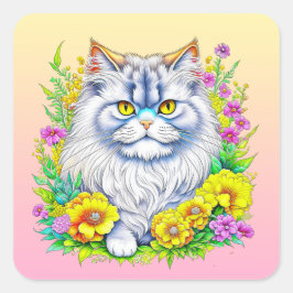Perzische kat in gele en roze bloemen vierkante sticker