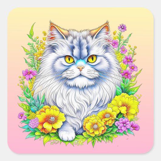 Perzische kat in gele en roze bloemen vierkante sticker (Voorkant)