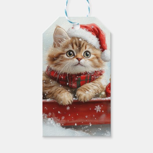 Perzische kat in slee laat het sneeuwen Kerstmis Cadeaulabel (Voorkant)