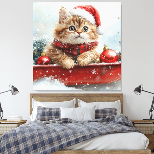 Perzische kat in slee laat het sneeuwen Kerstmis Canvas Afdruk (Insitu (Slaapkamer))