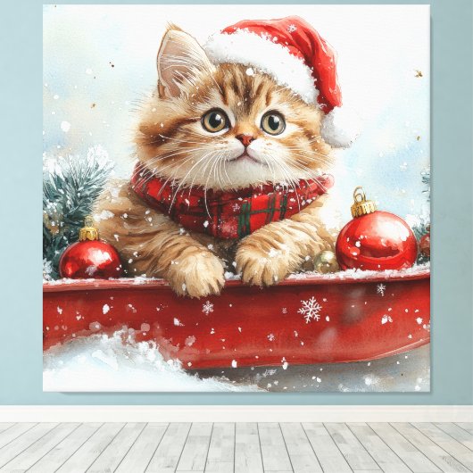 Perzische kat in slee laat het sneeuwen Kerstmis Canvas Afdruk (Insitu (Houten vloer))