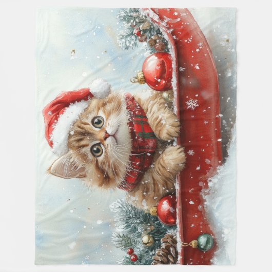 Perzische kat in slee laat het sneeuwen Kerstmis Fleece Deken (Voorkant)