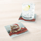 Perzische kat in slee laat het sneeuwen Kerstmis Glazen Onderzetter (Schuin)