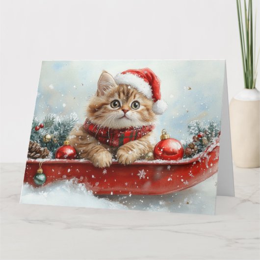 Perzische kat in slee laat het sneeuwen Kerstmis Kaart (Voorkant)