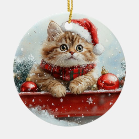 Perzische kat in slee laat het sneeuwen Kerstmis Keramisch Ornament (Voorkant)