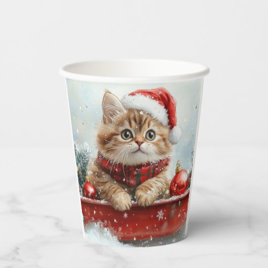 Perzische kat in slee laat het sneeuwen Kerstmis Papieren Bekers (Achterkant)