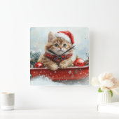 Perzische kat in slee laat het sneeuwen Kerstmis Vierkante Klok (Huis)