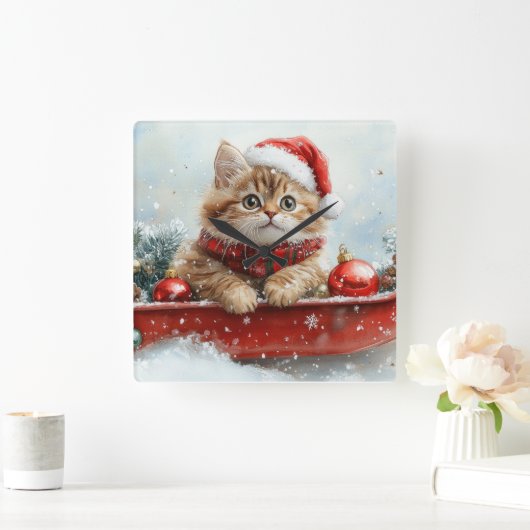 Perzische kat in slee laat het sneeuwen Kerstmis Vierkante Klok (Huis)