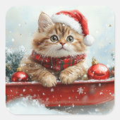 Perzische kat in slee laat het sneeuwen Kerstmis Vierkante Sticker (Voorkant)