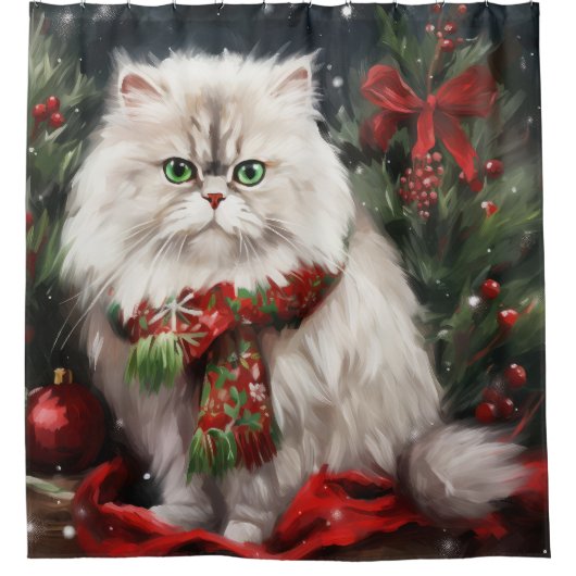 Perzische Kat in Sneeuw Kerstmis Douchegordijn (Voorkant)