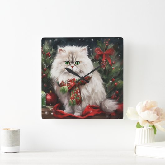 Perzische Kat in Sneeuw Kerstmis Vierkante Klok (Huis)