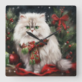 Perzische Kat in Sneeuw Kerstmis Vierkante Klok (Voorkant)