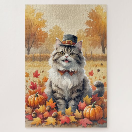 Perzische Kat in Thanksgiving Kunst met Herfstblad Legpuzzel (Verticaal)