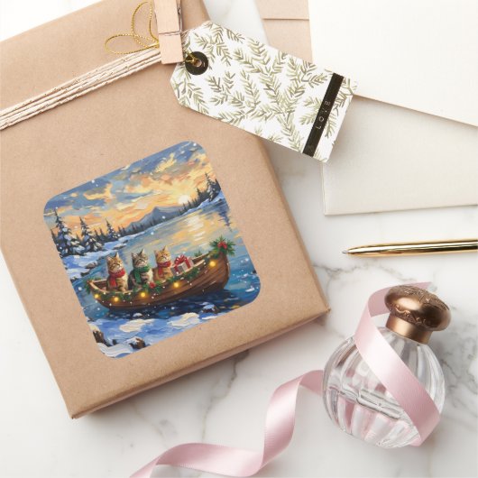 Perzische Kat Kerstboot Vakantie Vierkante Sticker (Geschenken)