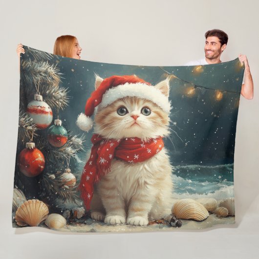 Perzische Kat Kerstmis Vintage Strand Fleece Deken (In situ)
