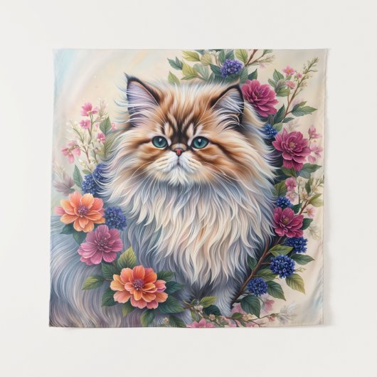 Perzische Kat Kleurrijke Bloemen Portret Wandkleed (Voorkant)