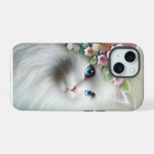 Perzische kat met bloemlaurier iPhone 15 case (Achterkant horizontaal)