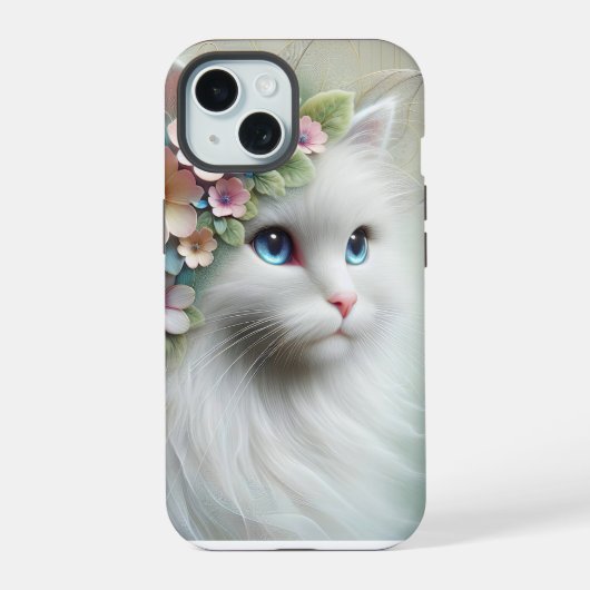 Perzische kat met bloemlaurier iPhone 15 case (Achterkant)