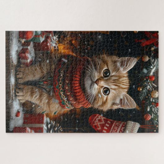 Perzische kat met kerstcadeaus open haard legpuzzel (Horizontaal)